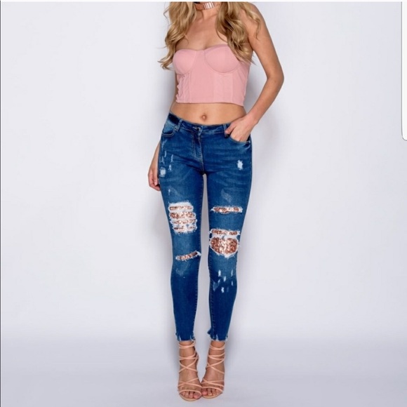 FINAL PRICE Rose Gold Sequin Skinny Jeans - Picture 2 of 8